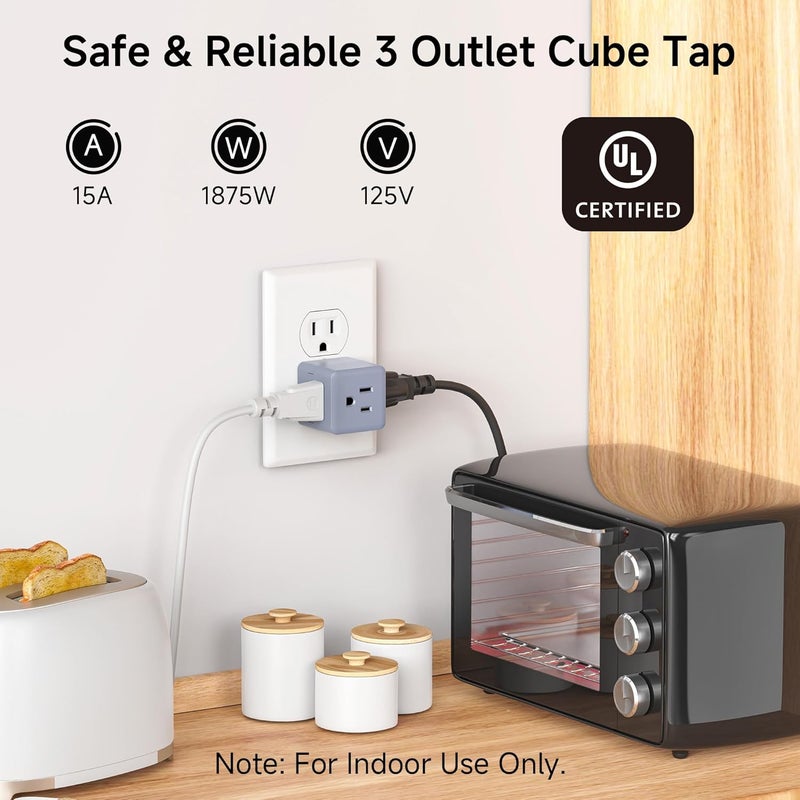 CableMatters محول حائط 3 منافذ 3 عبوات (محول مكعب مؤرض، مقسم مخرج، محول 3 طرق، مقسم طاقة 3 دبابيس)، رمادي - Image 3